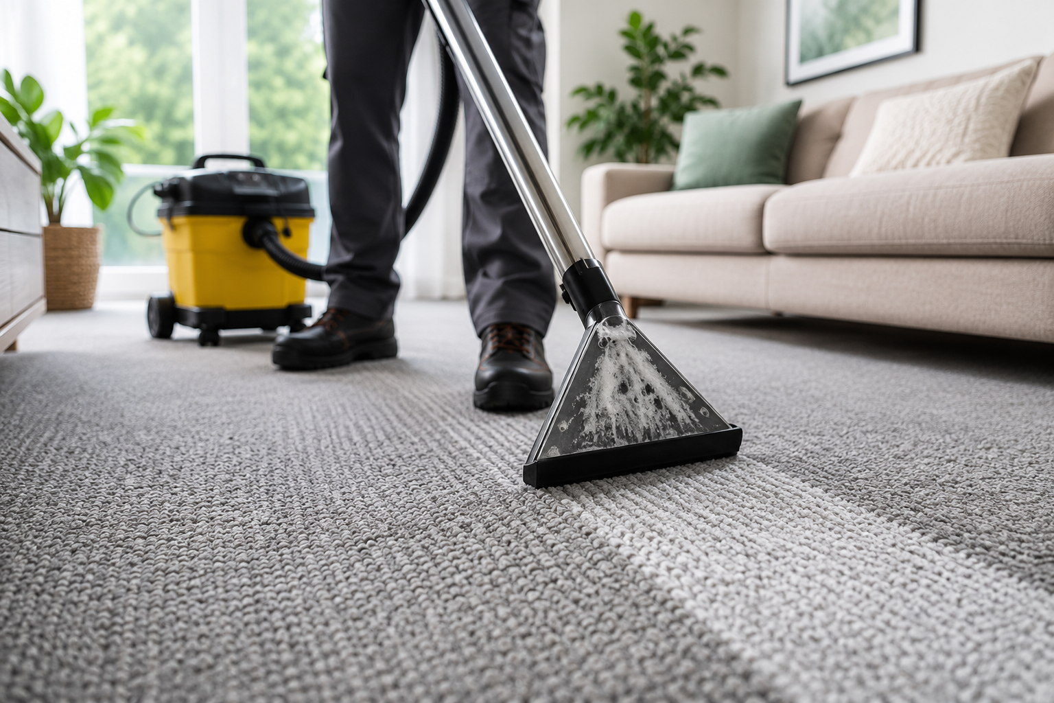 Technician steam cleaning a living room carpet in Melbourne